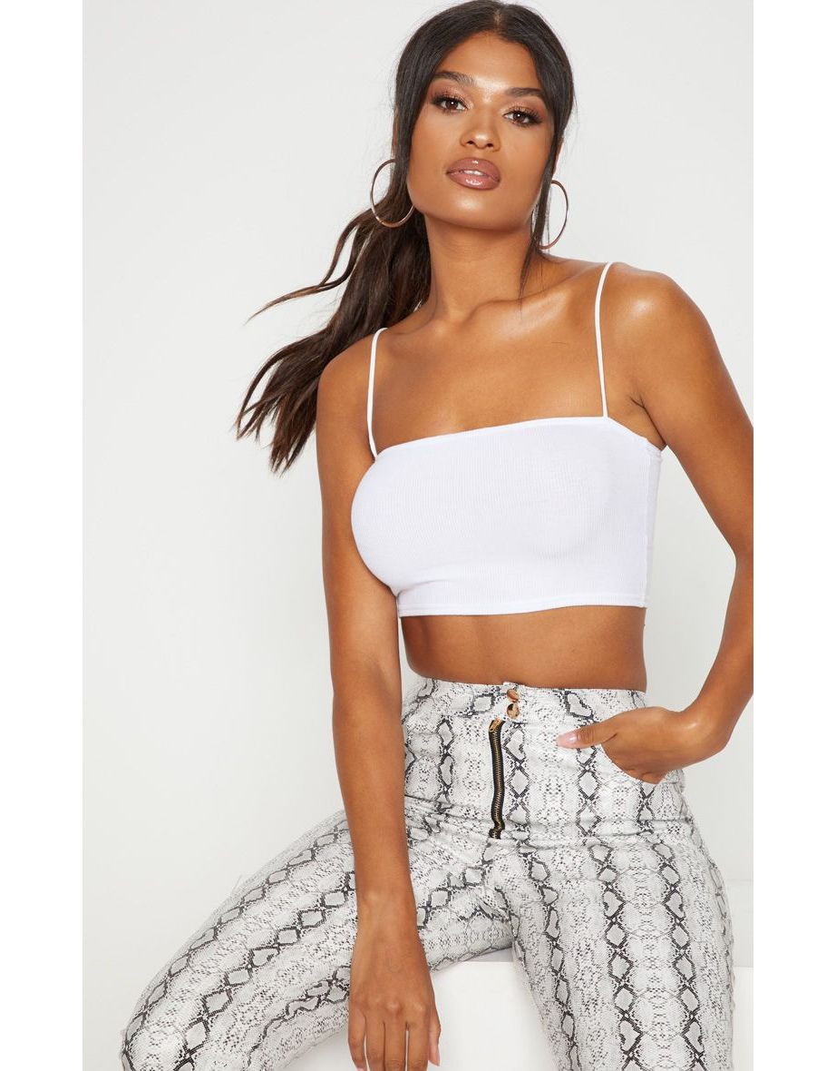 White Rib Spaghetti Strap Crop Top