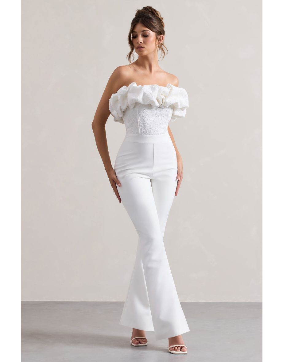 Maddox | White Strapless Ruffled Flared-Leg Jumpsuit - 4