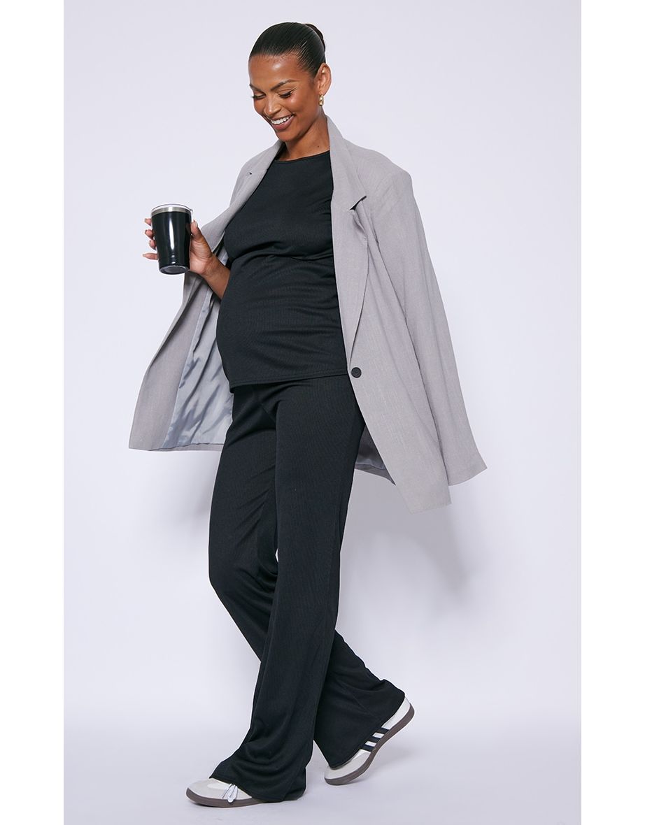 Maternity Black Rib Knit Wide Leg Flared Trousers