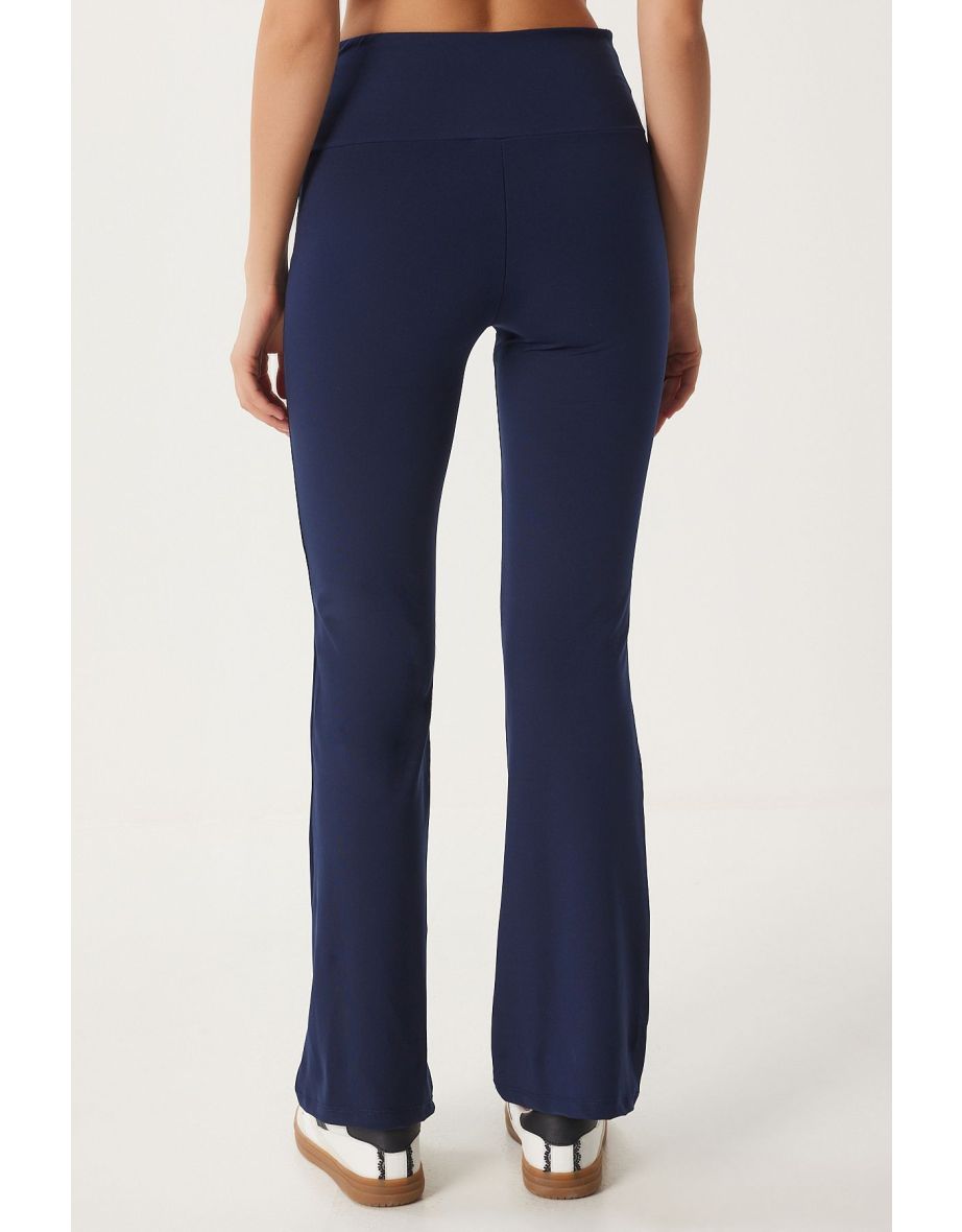 Women's Navy Blue High Waist Bell-bottom Leggings - 5
