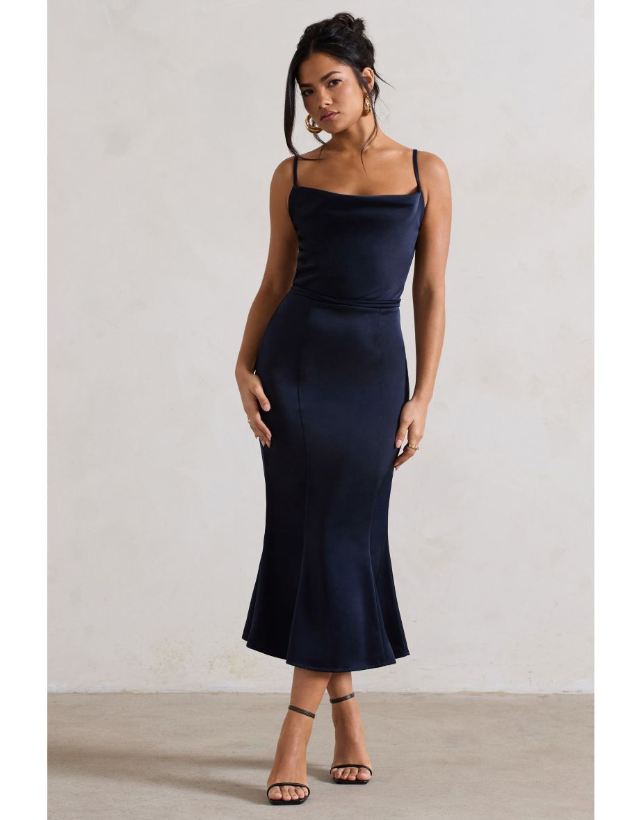 Just A Moment | Navy Satin Cowl-Neck Dress With Tie Waist - 4