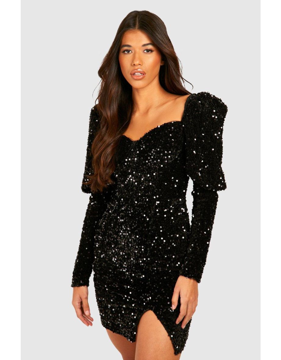 Tall Volume Sleeve Velvet Sequin Dress - black - 3