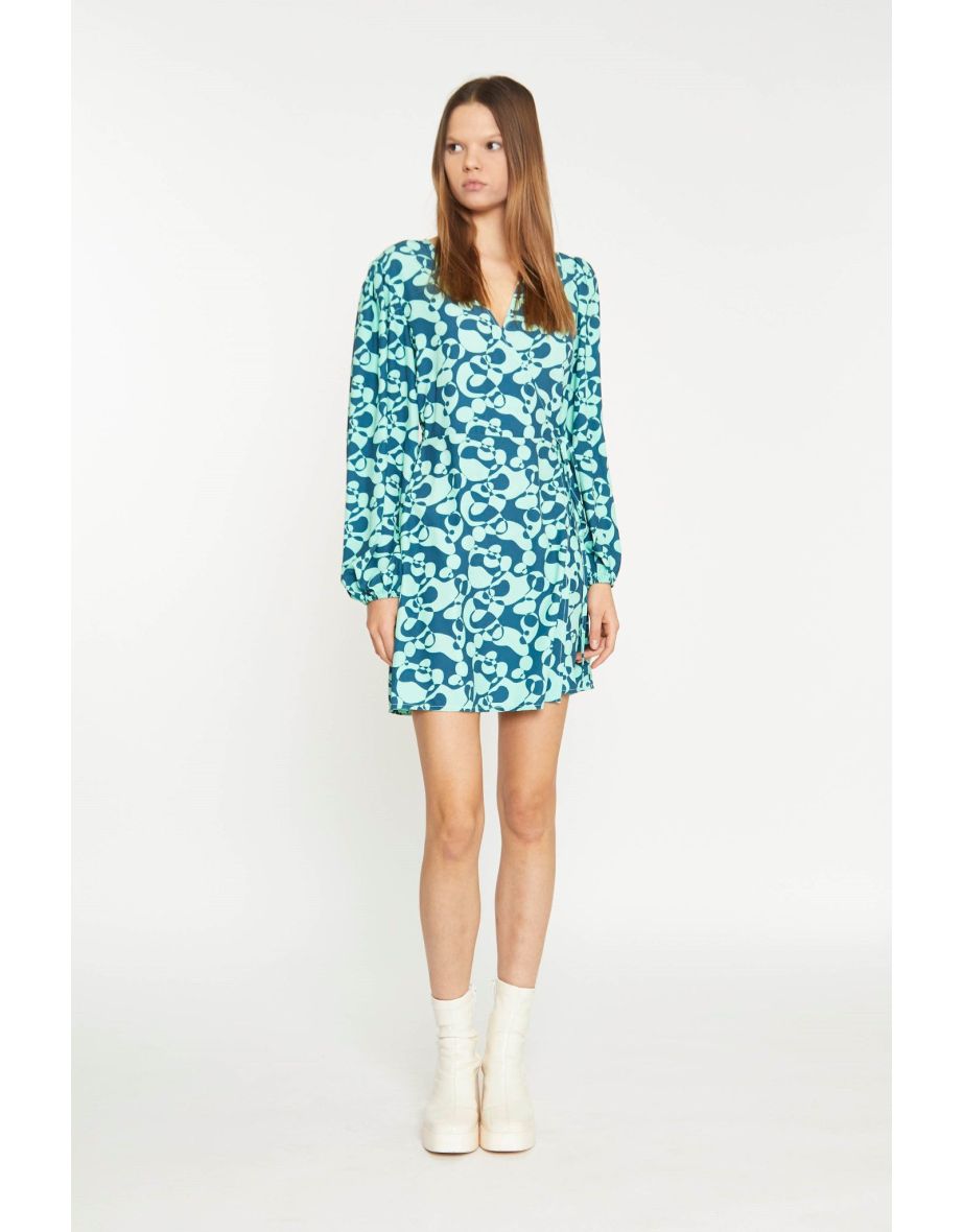 Green Abstract-Bubble V-Neck Wrap Mini Dress
