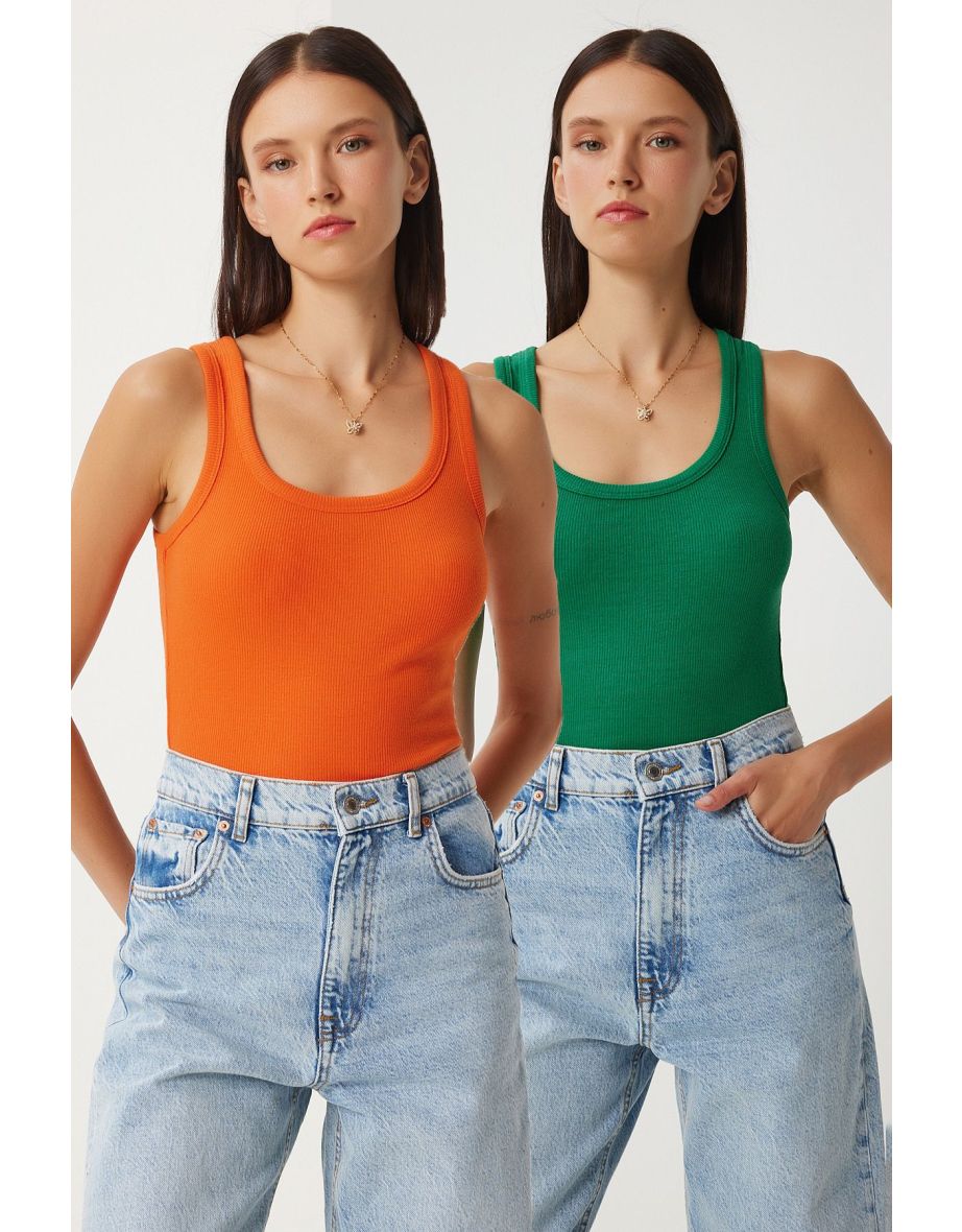 Women's Green Orange 2-Piece Ribbed Thick Strappy Knitted Undershirt
