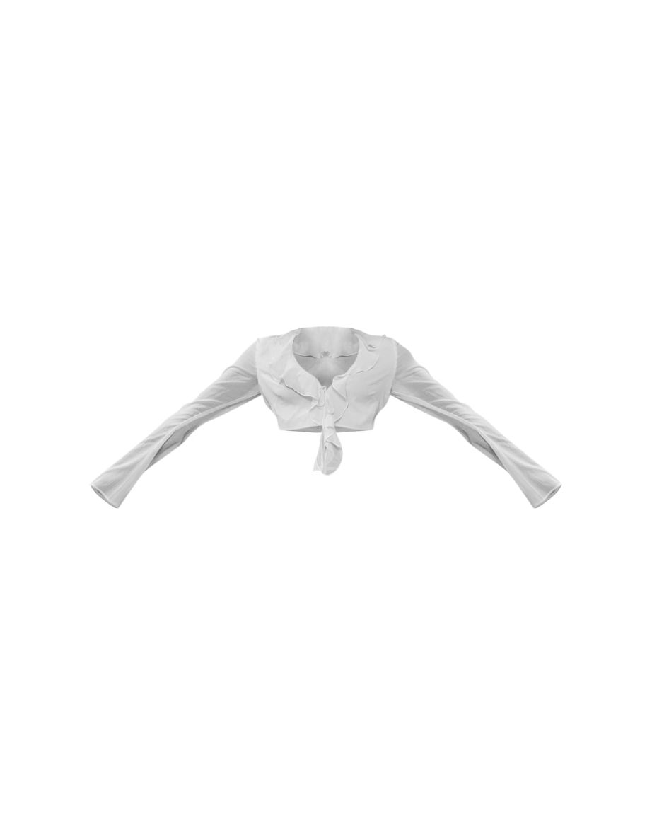 White Textured Chiffon Tie Front Floaty Ruffle Blouse - 4
