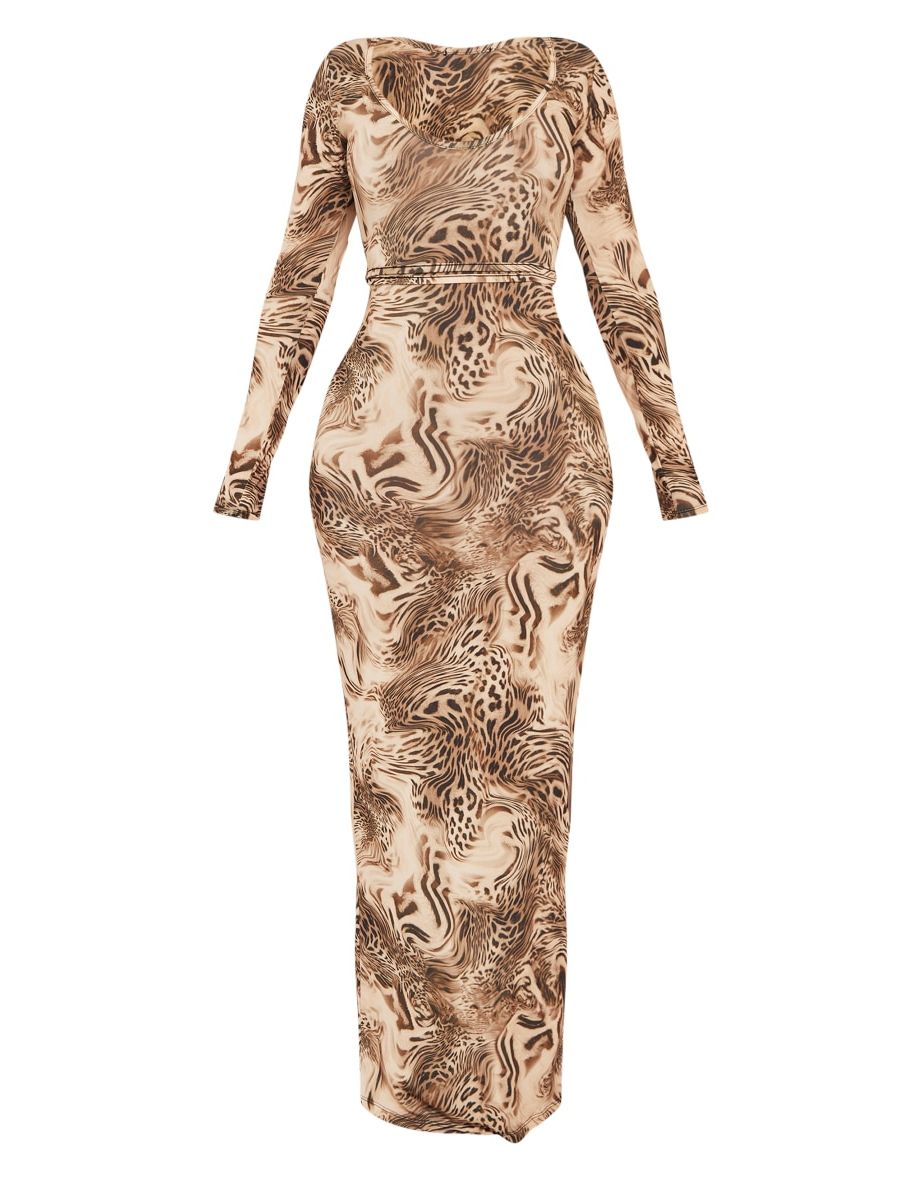 Shape Stone Abstract Leopard Print Slinky Long Sleeve Maxi Dress - 4