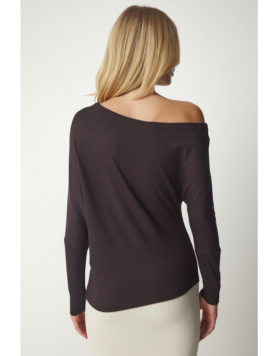 Women's Dark Brown Boat Collar Knitwear Blouse - 3