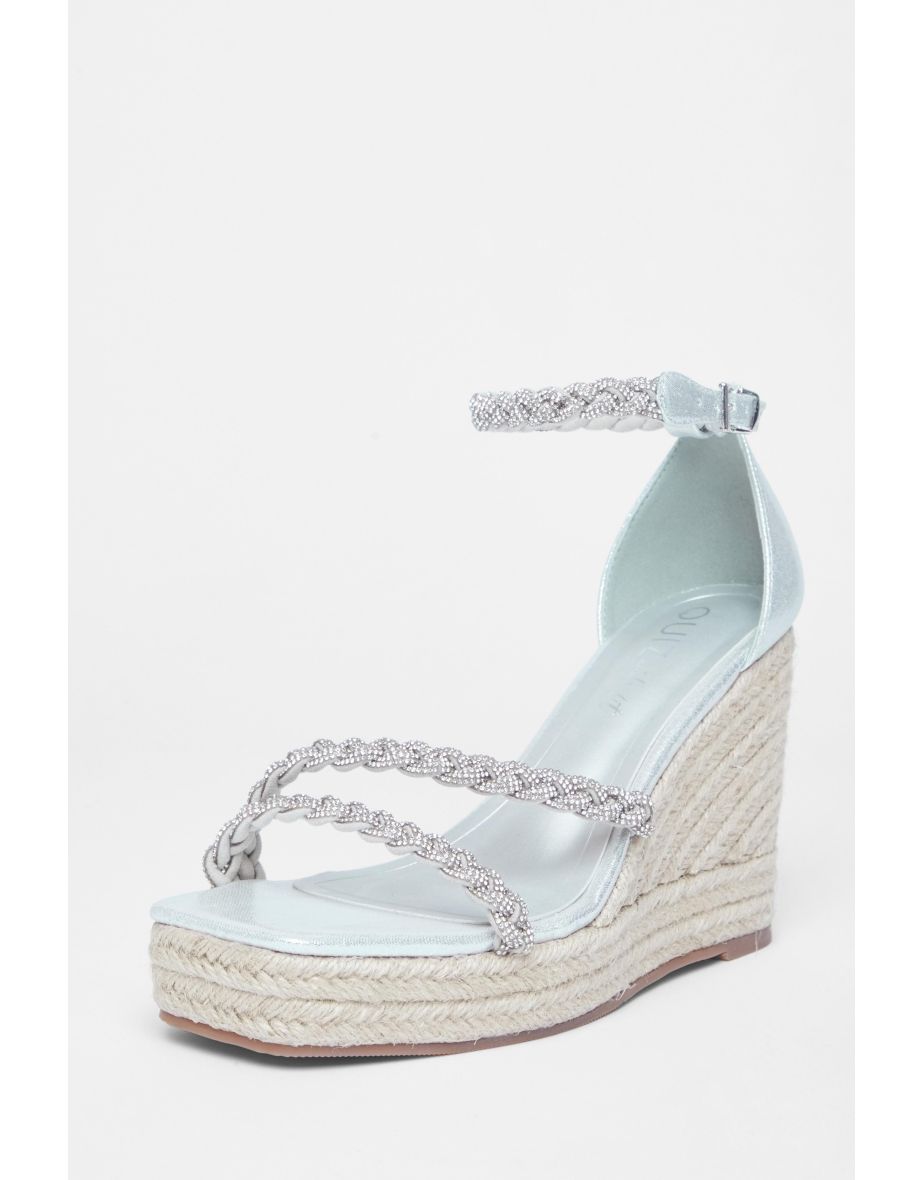 Wide Fit Silver Diamante Platform Wedges