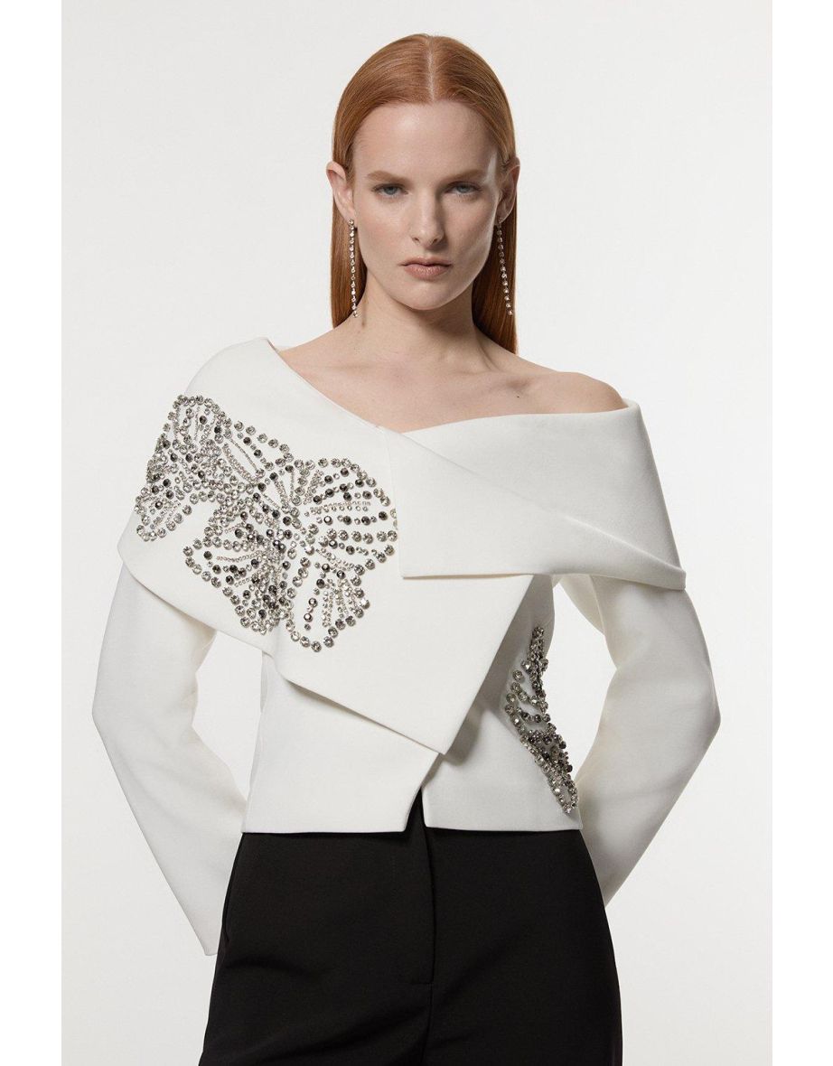 Placed Floral Crystal Embellished Tailored Asymmetric Jacket