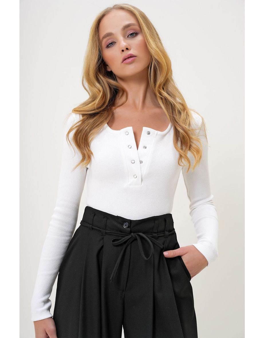 Women's White Camisole Blouse with Snap Buttons and Sanded