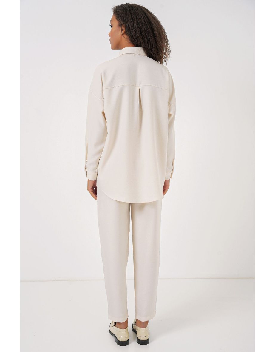 Women's Ecru Oversize Linen Bottom Top Set - 5