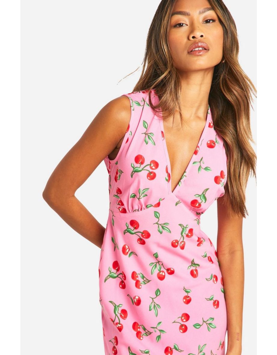 V Neck Cherry Print Maxi Slip Dress - pink - 3