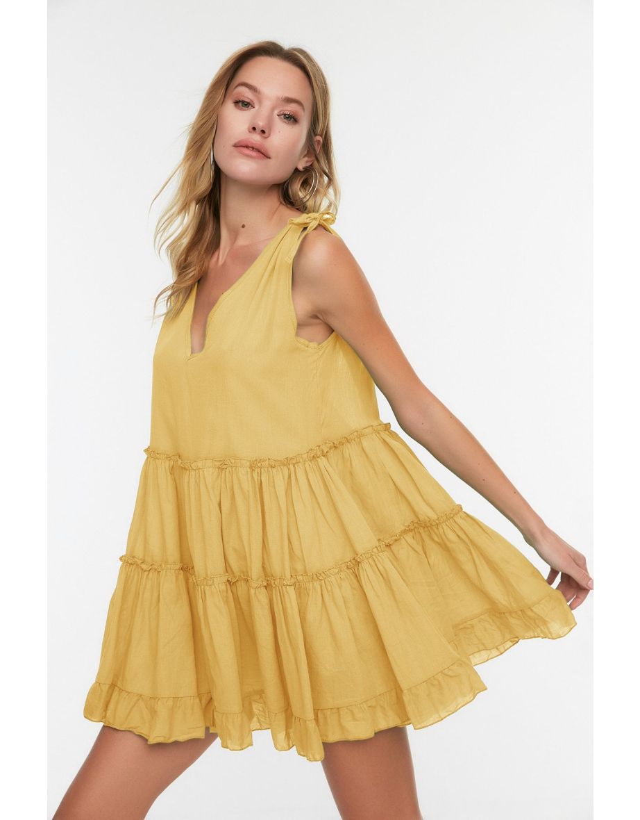 Yellow Wide Pattern Weaving 100% Cotton Ruffle Mini Beach Dress