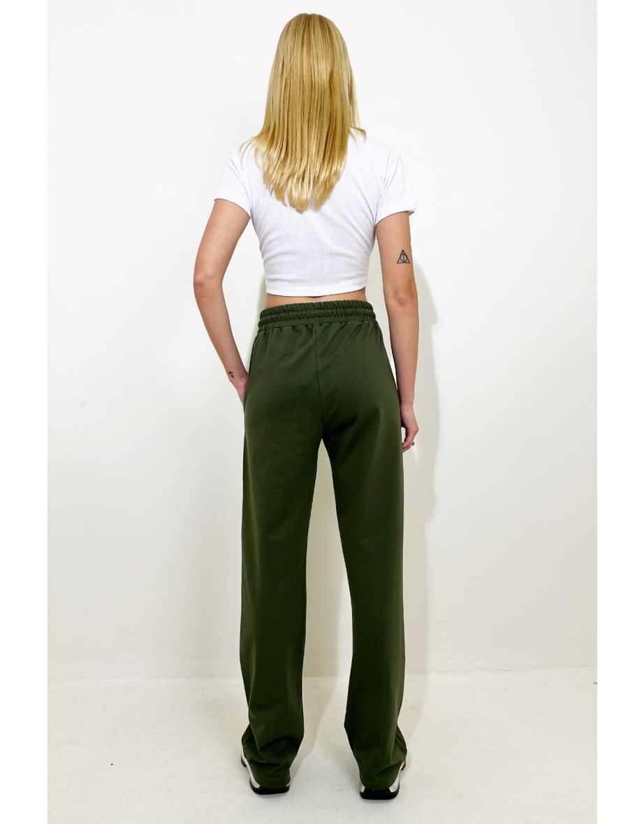 Women's Khaki High Waist Front Grass Wide Leg Double Pocket Jogger - 3