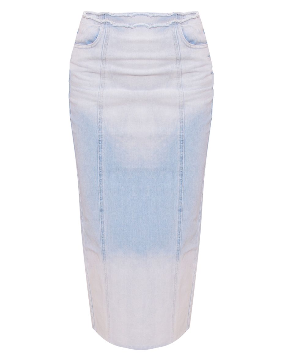 Light Blue Wash Raw Edge Side Split Denim Maxi Skirt - 4