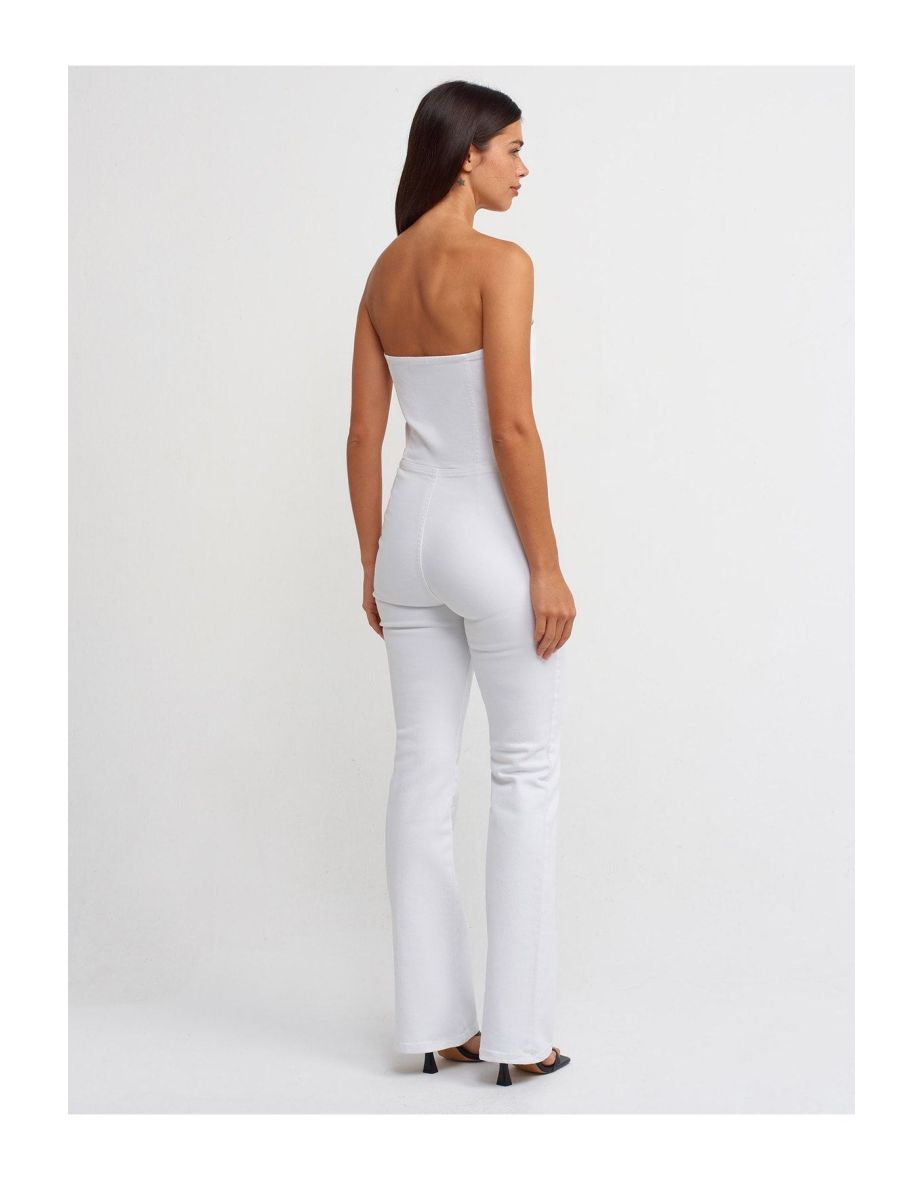 Strapless White Flare Denim Overalls-White - 3