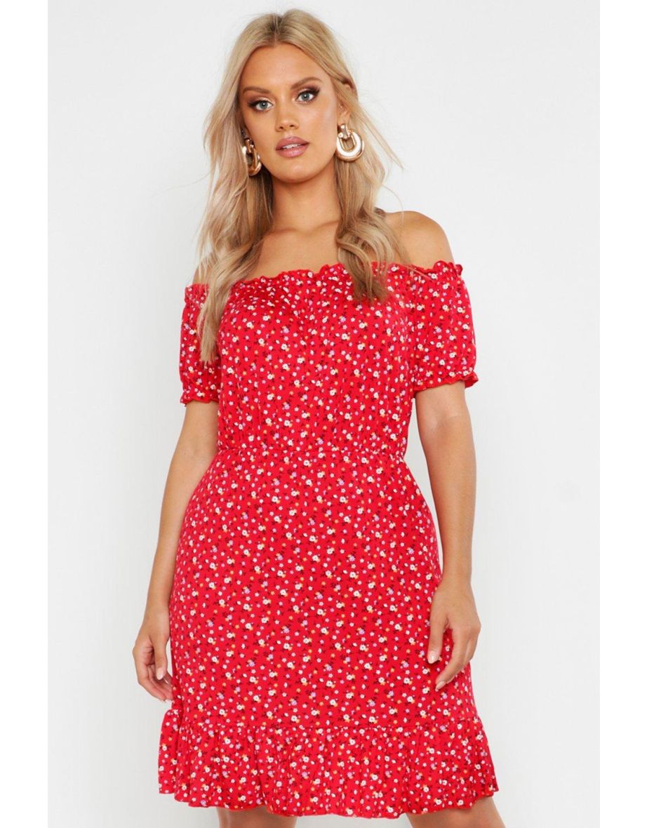 Plus Ditsy Floral Ruffle Bardot Skater Dress - red