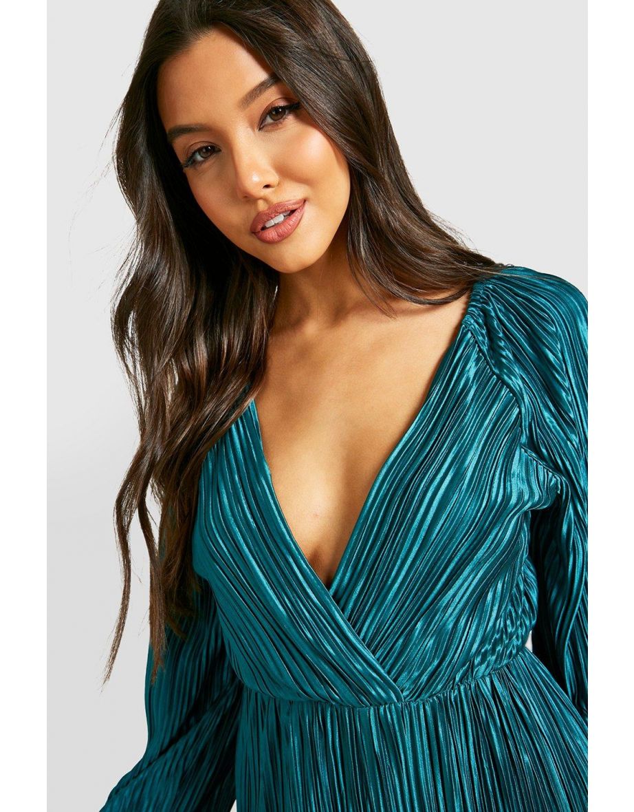 Plisse Wide Leg Plunge Jumpsuit - dark green - 3