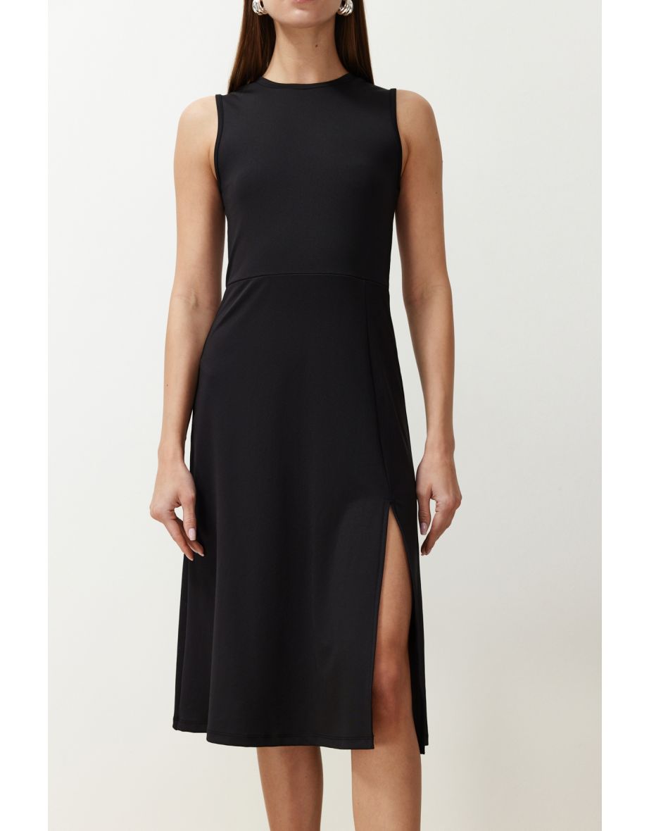 Black More Sustainable A-line/Bell Form Slit Stretchy Knitted Midi Dress - 7