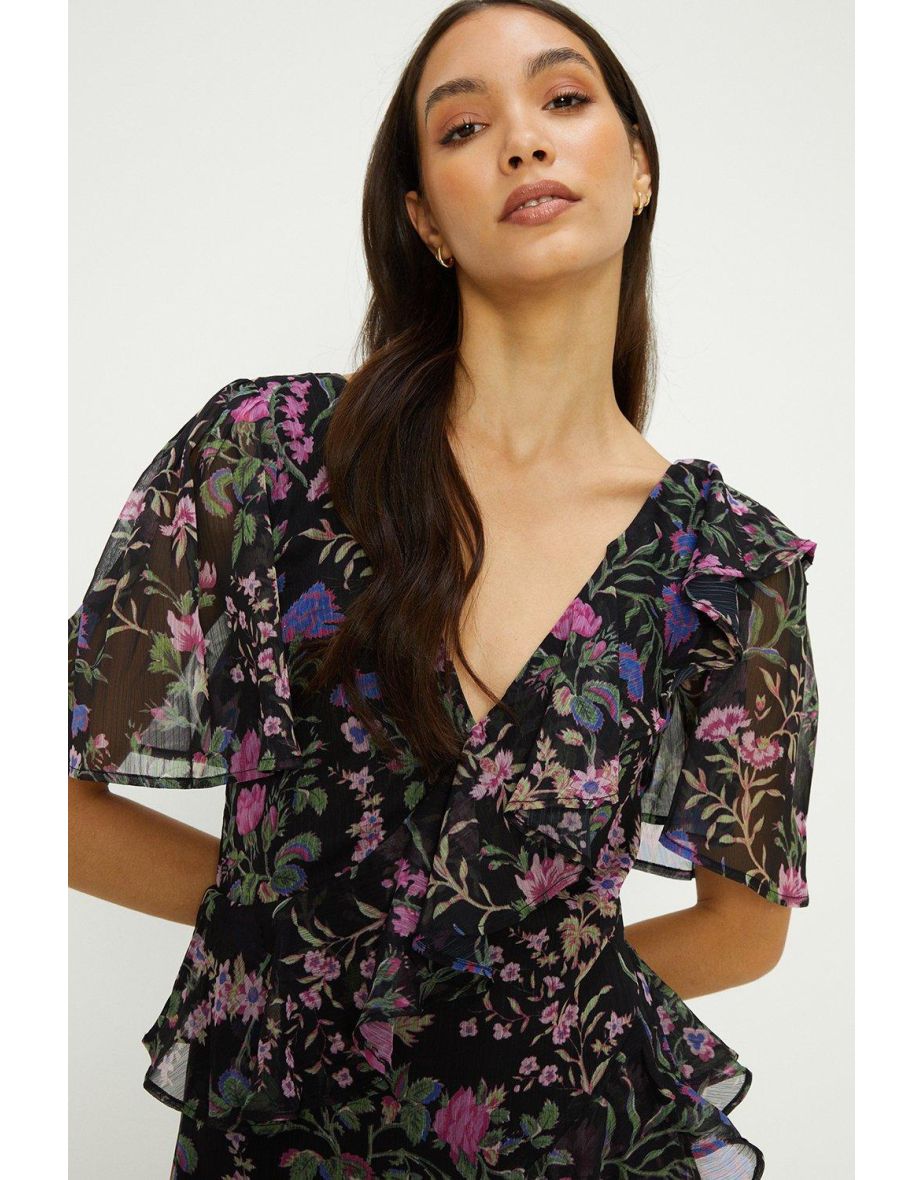 Floral Print Chiffon Layered Ruffle Flutter Sleeve Dress - 2