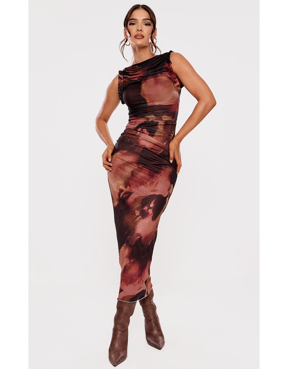 Brown Abstract Print Mesh Racer Neck Maxi Dress