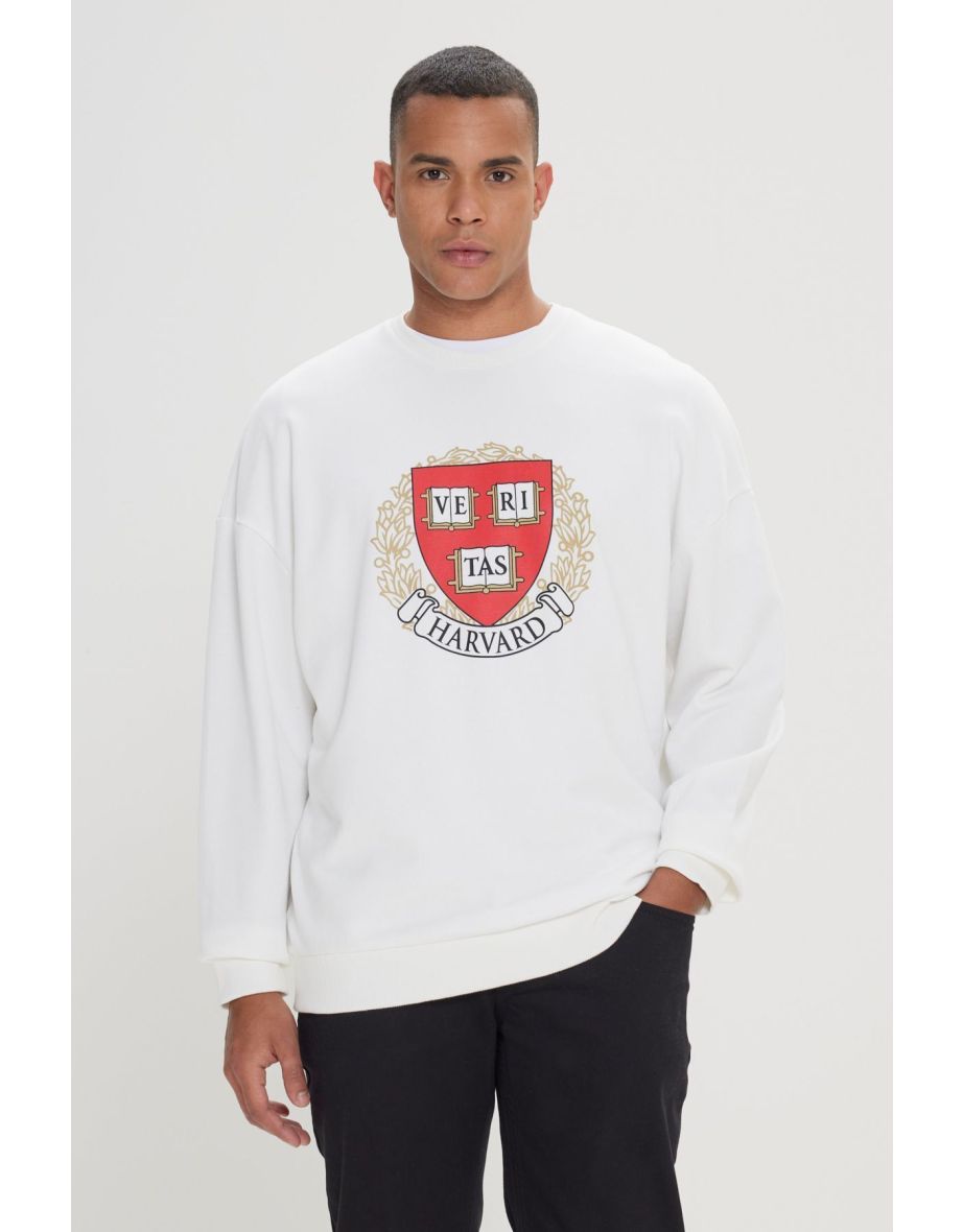 Harvard Licensed 3 Thread Cotton Oversize Fit Loose Cut Men's Ecru Crew Neck Sweatshirt