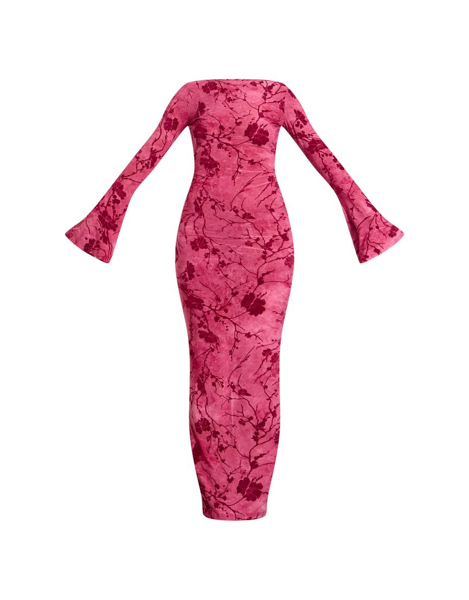 Tall Pink Floral Devore Long Sleeve Tie Waist Maxi Dress - 4