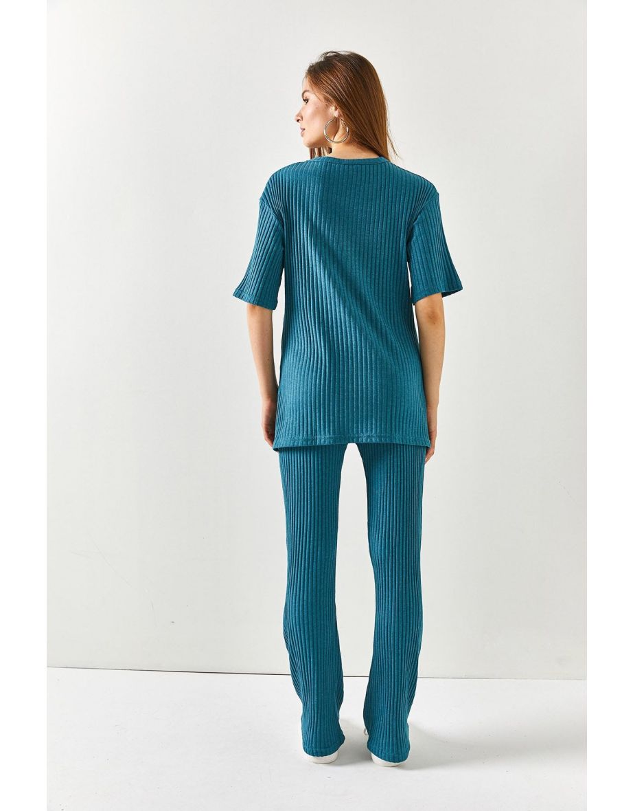 Women's Petrol Blue Top V-neck Bottom Palazzo Corduroy Suit - 7