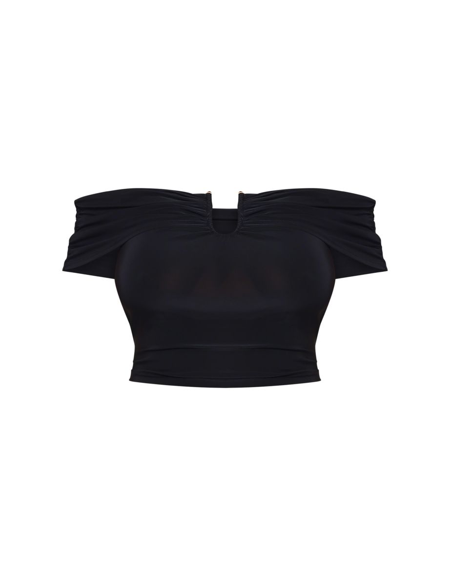 Plus Black Slinky Gold Trim Detail Bardot Top - 4