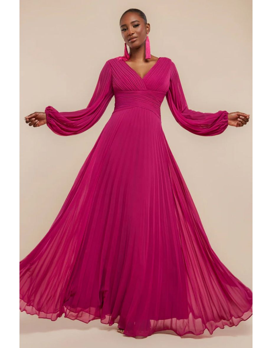 Goddiva Balloon Sleeve Chiffon Maxi  Dress - Magenta
