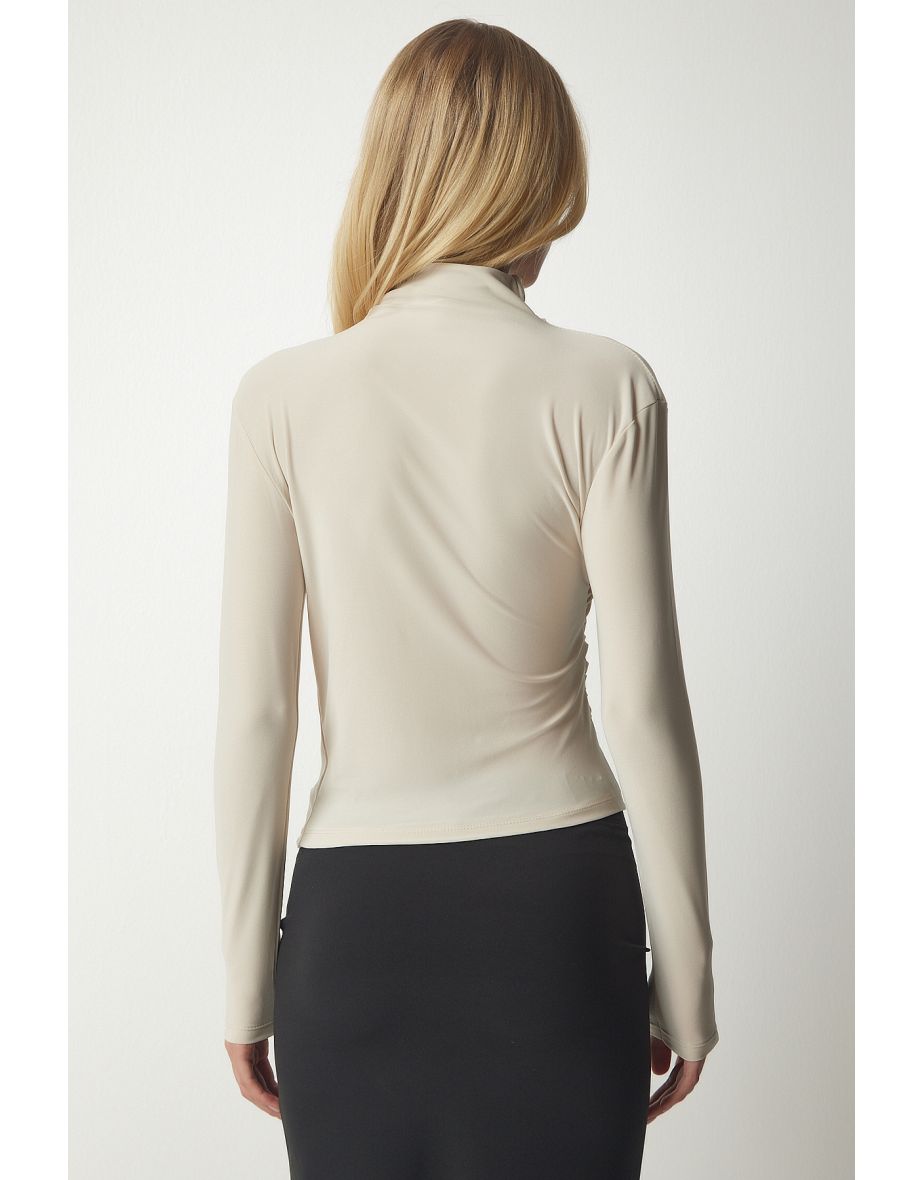 Women's Cream Shirring Detail Standing Collar Sandy Blouse - 3