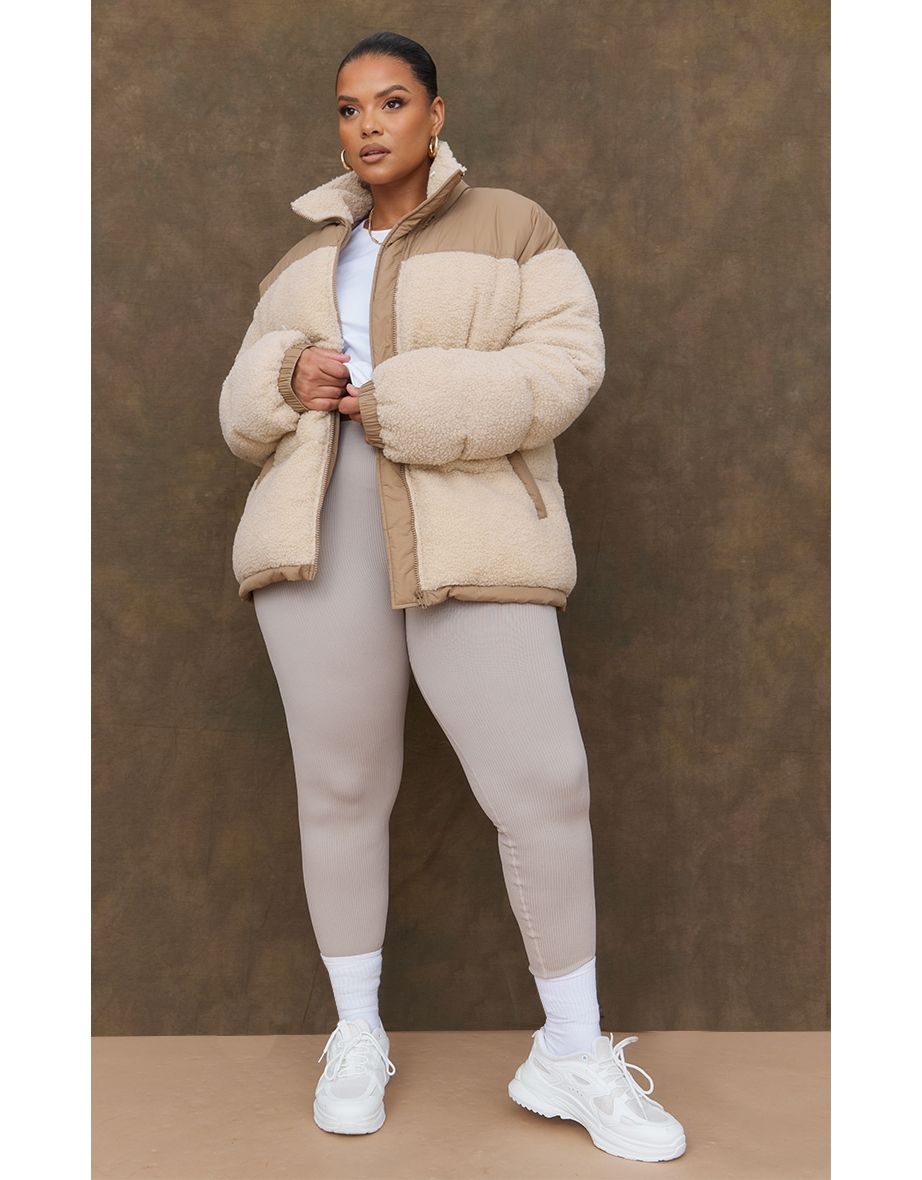 Plus Camel Borg Contrast Panelled Puffer Coat