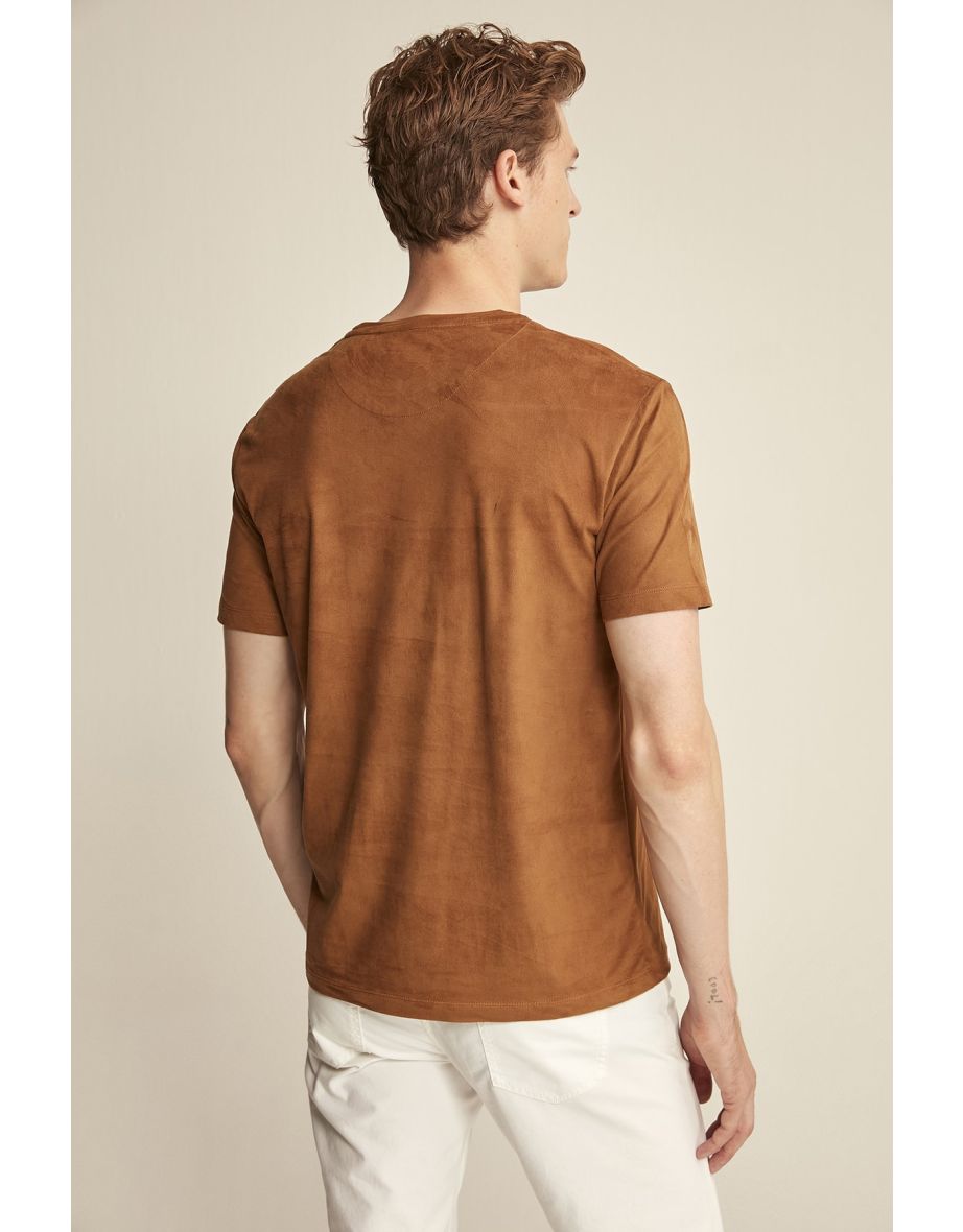 ENZO Brown Suede Men's Basic Slim Fit T-shirt. - 7