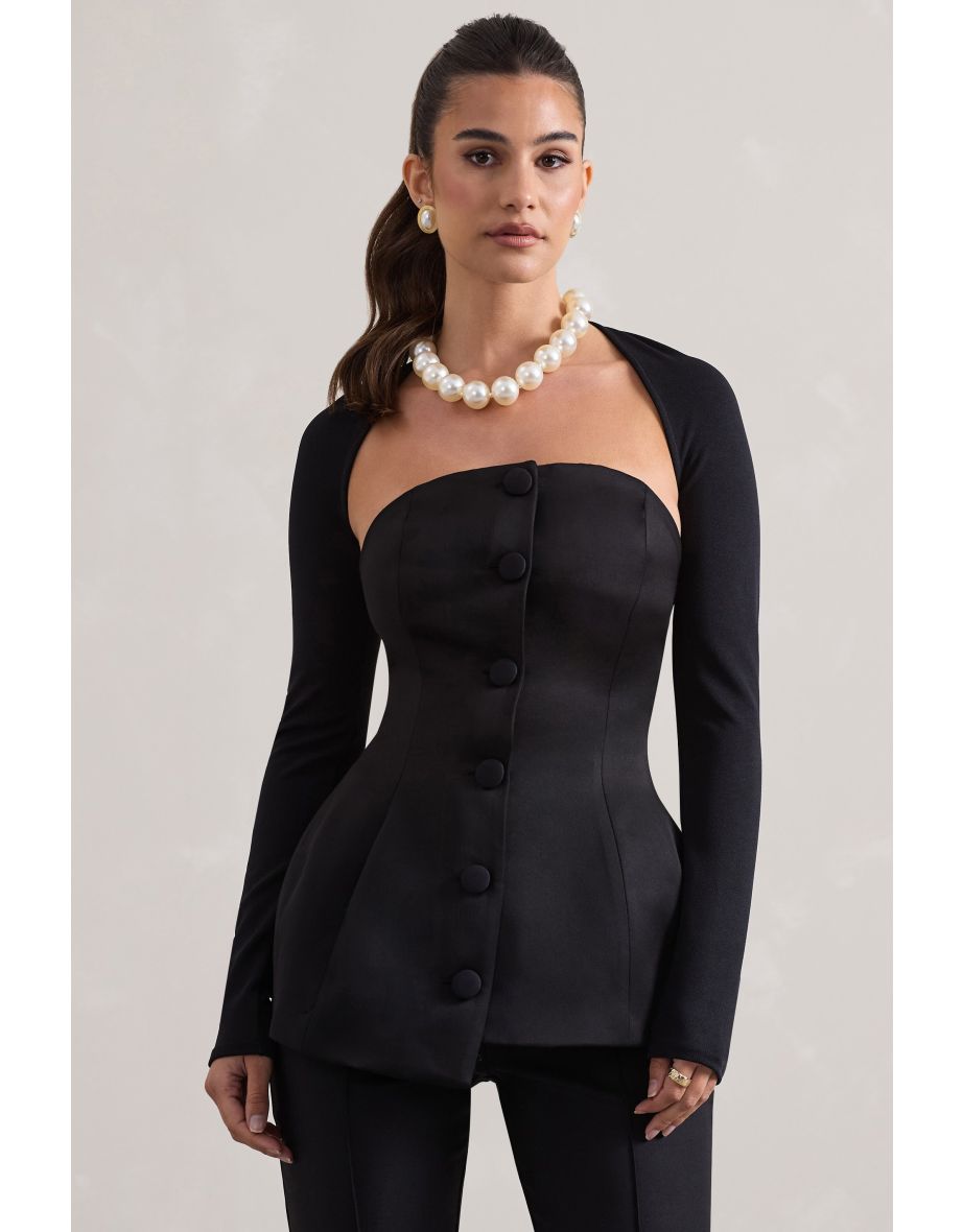 Century | Black Satin Strapless Button Front Corset Top - 4