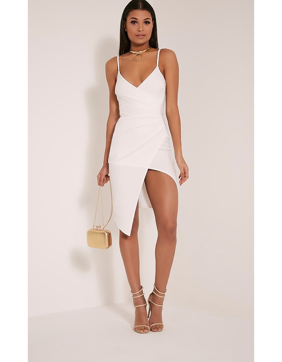 Lauriell White Wrap Front Crepe Midi Dress