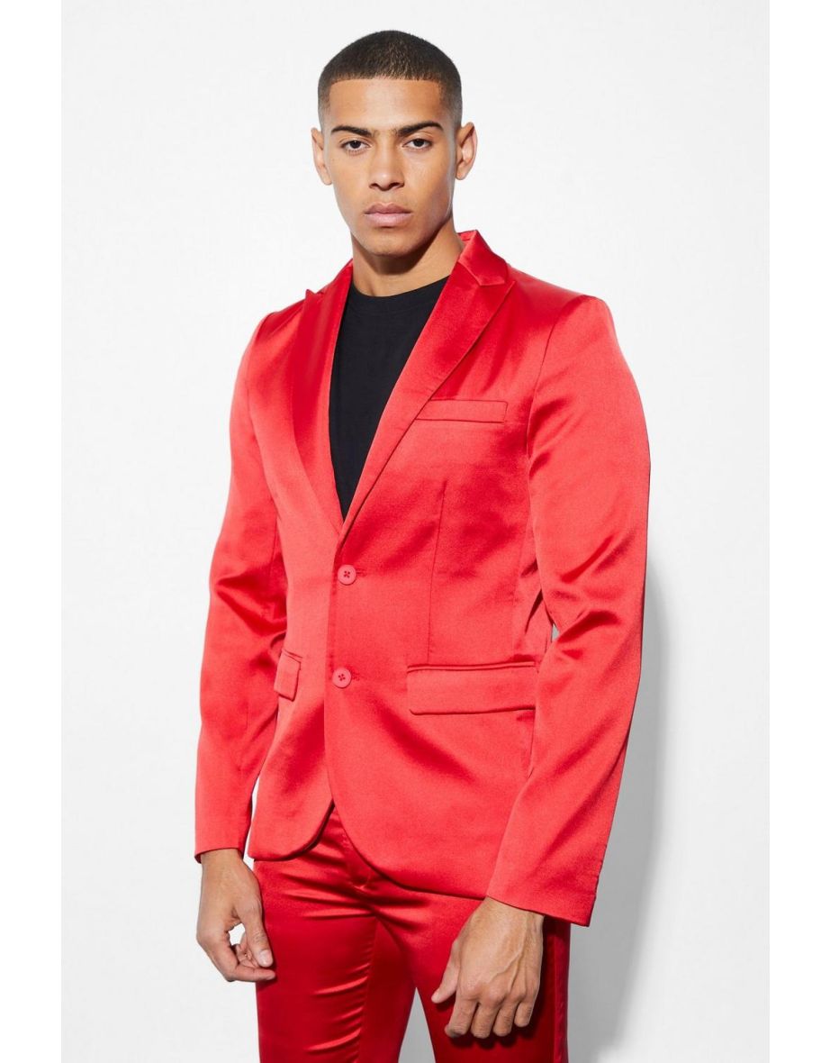 Skinny Single Breasted Satin Suit Jacket - red