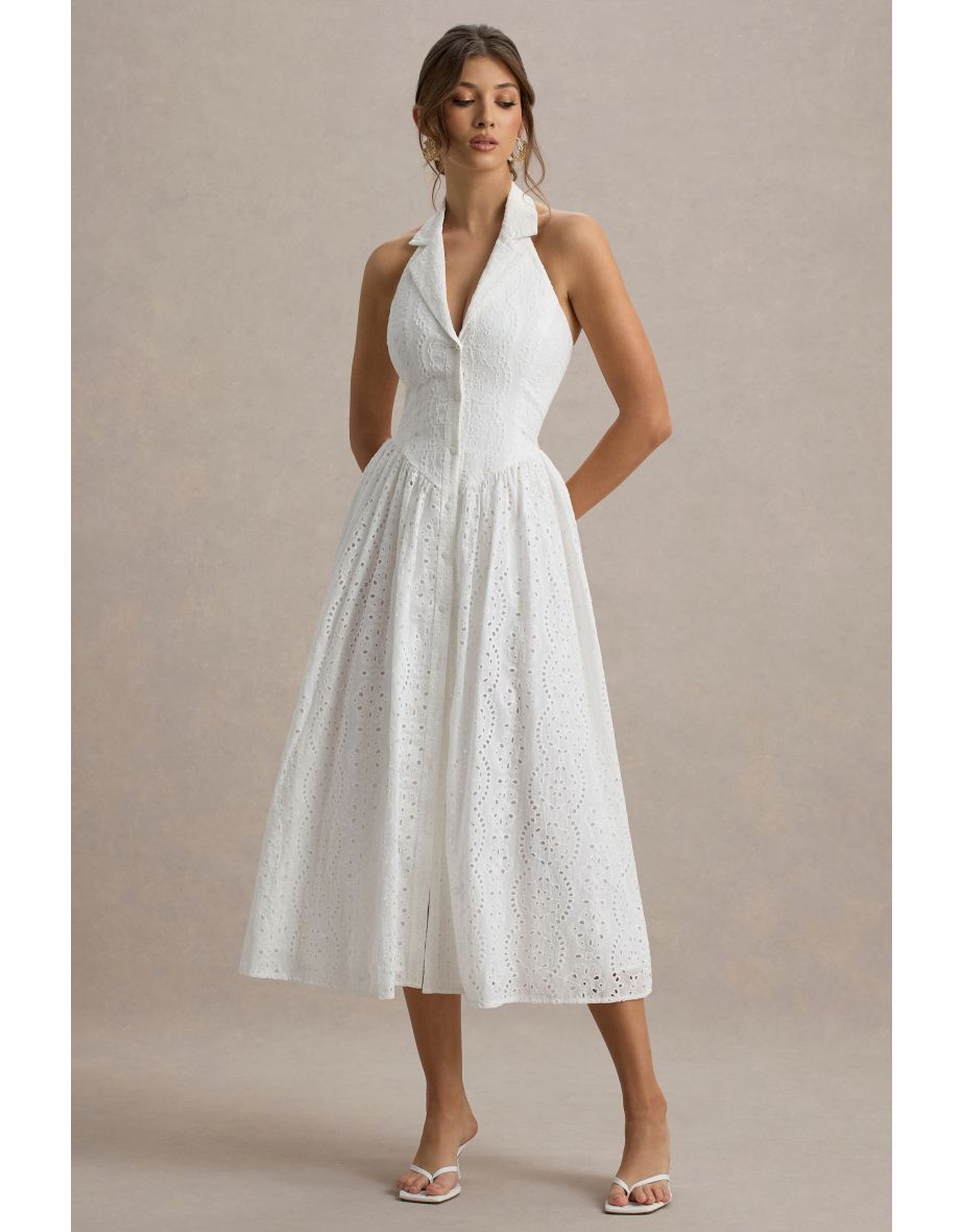 Jezebel | White Lace Plunge-Neck Collared Midaxi Dress
