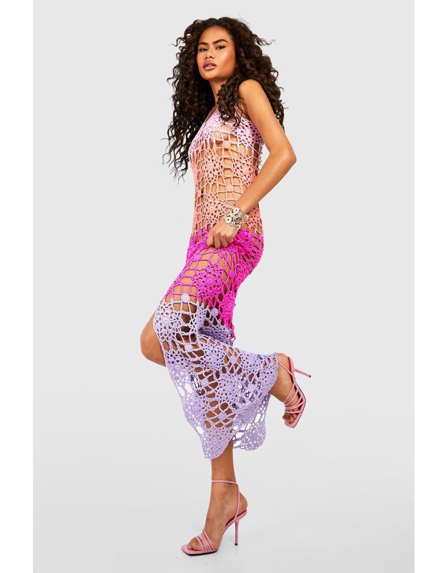 Premium Floral Crochet Split Front Maxi Dress - pink