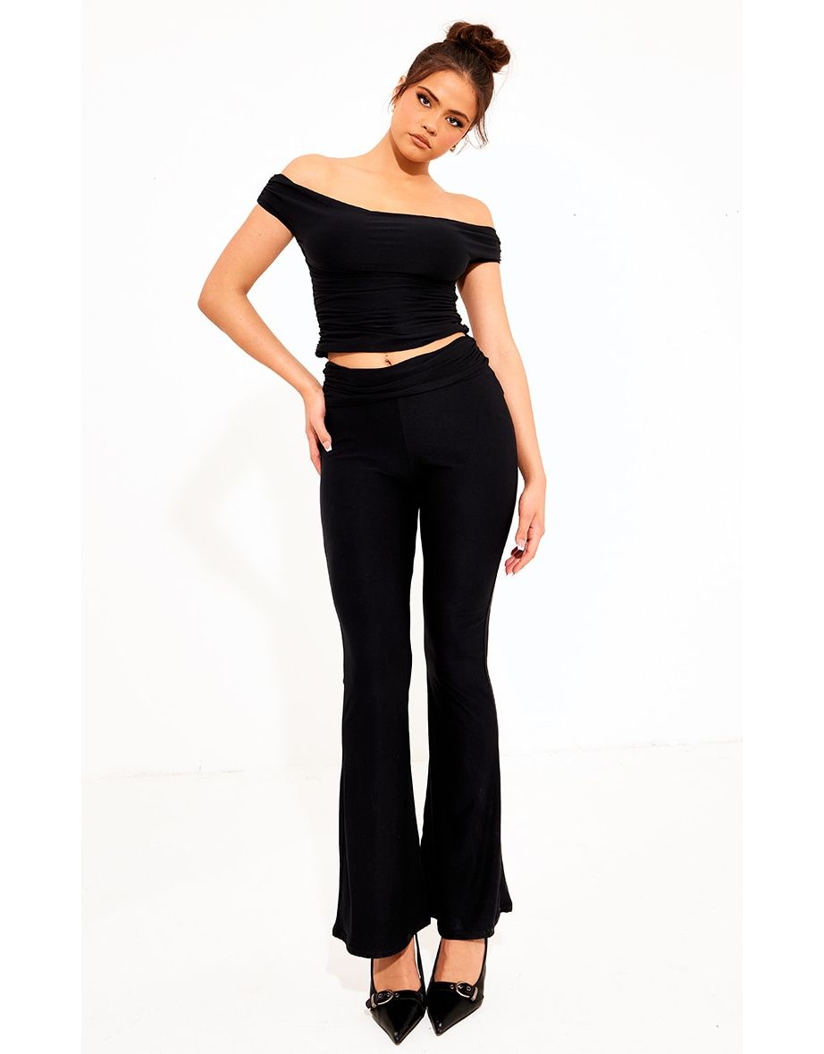 Black Soft Touch Fold Over Hem Wide Leg Trousers