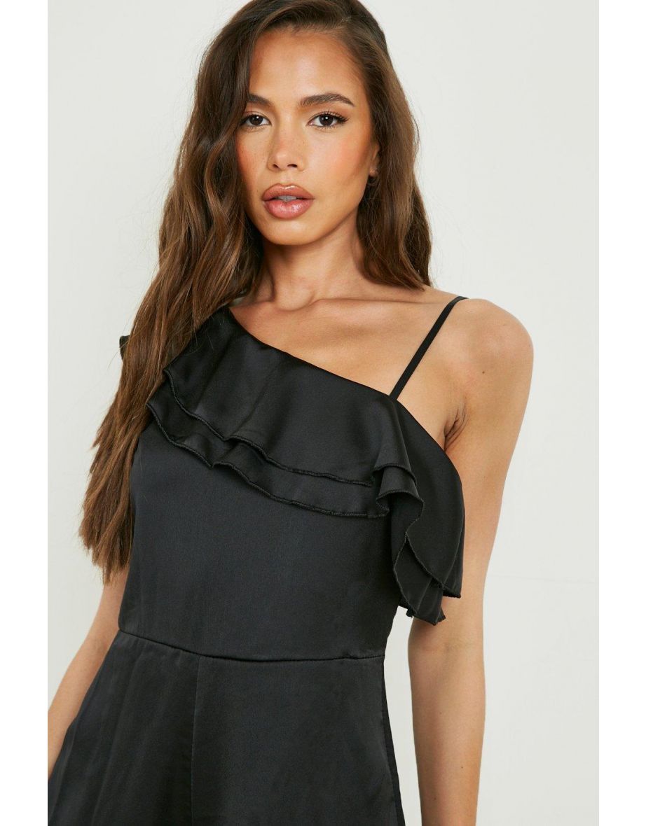 Satin Ruffle One Shoulder Playsuit - black - 3