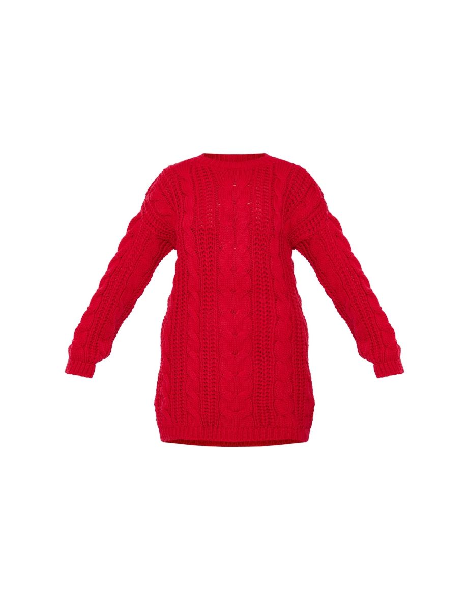 Red Chunky Cable Knit Oversized Jumper Dress - 4
