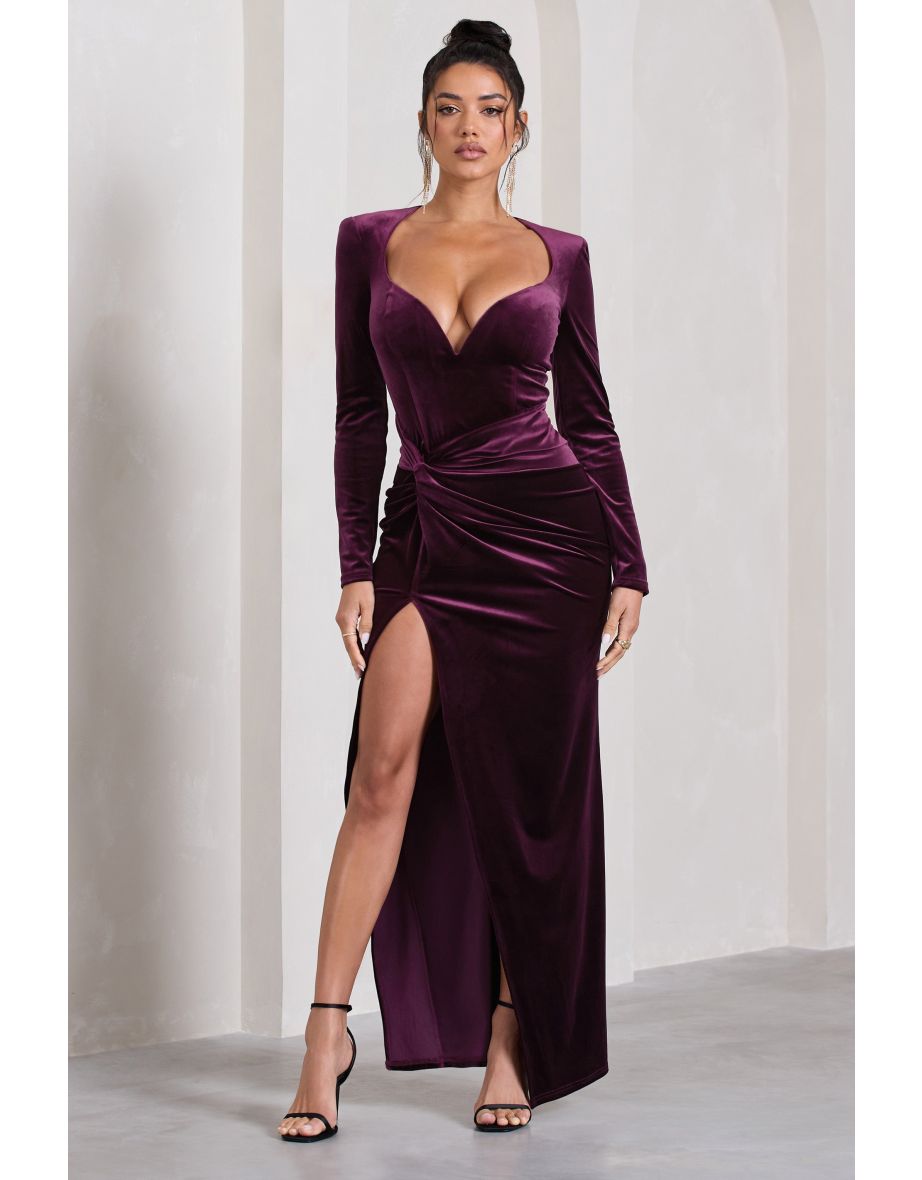 Vin Chaud | Dark Purple Velvet Long-Sleeved Split Maxi Dress - 4