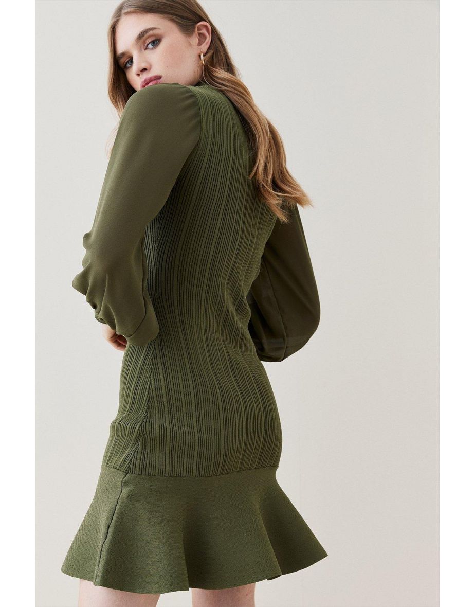 Military Trim Rib Knit Chiffon Sleeve Mini Dress - 2