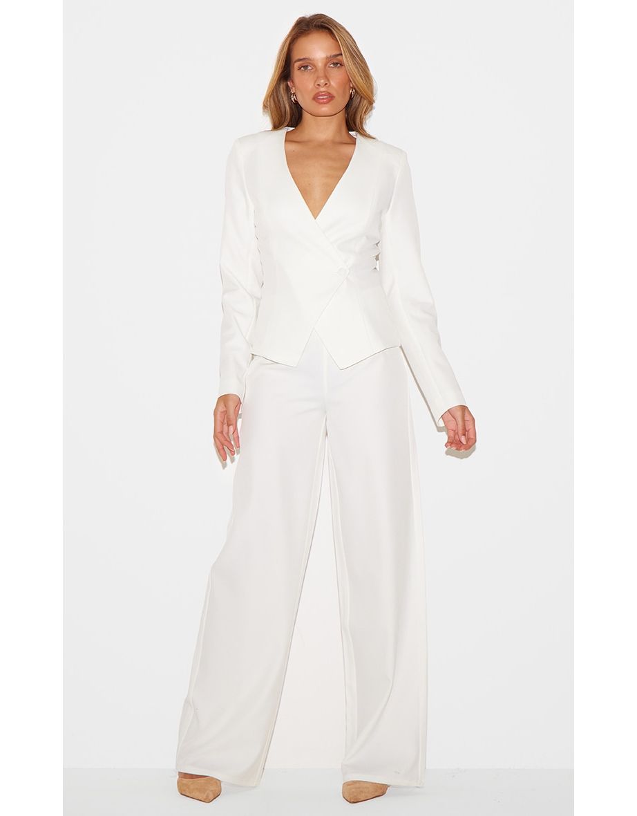 Cream Tailored Woven Wide Leg Trousers