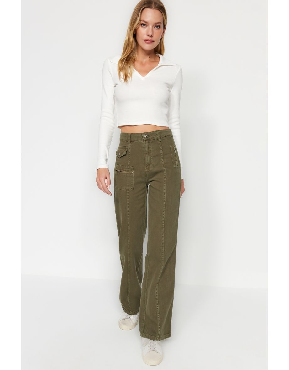 Khaki Pocket Detailed Zipper High Waist Wide Leg Jeans