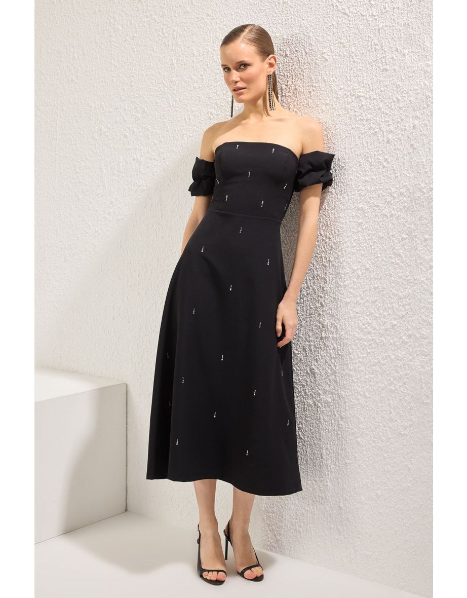 Black Carmen Collar Stone Print Detailed Woven Midi Chic Dress