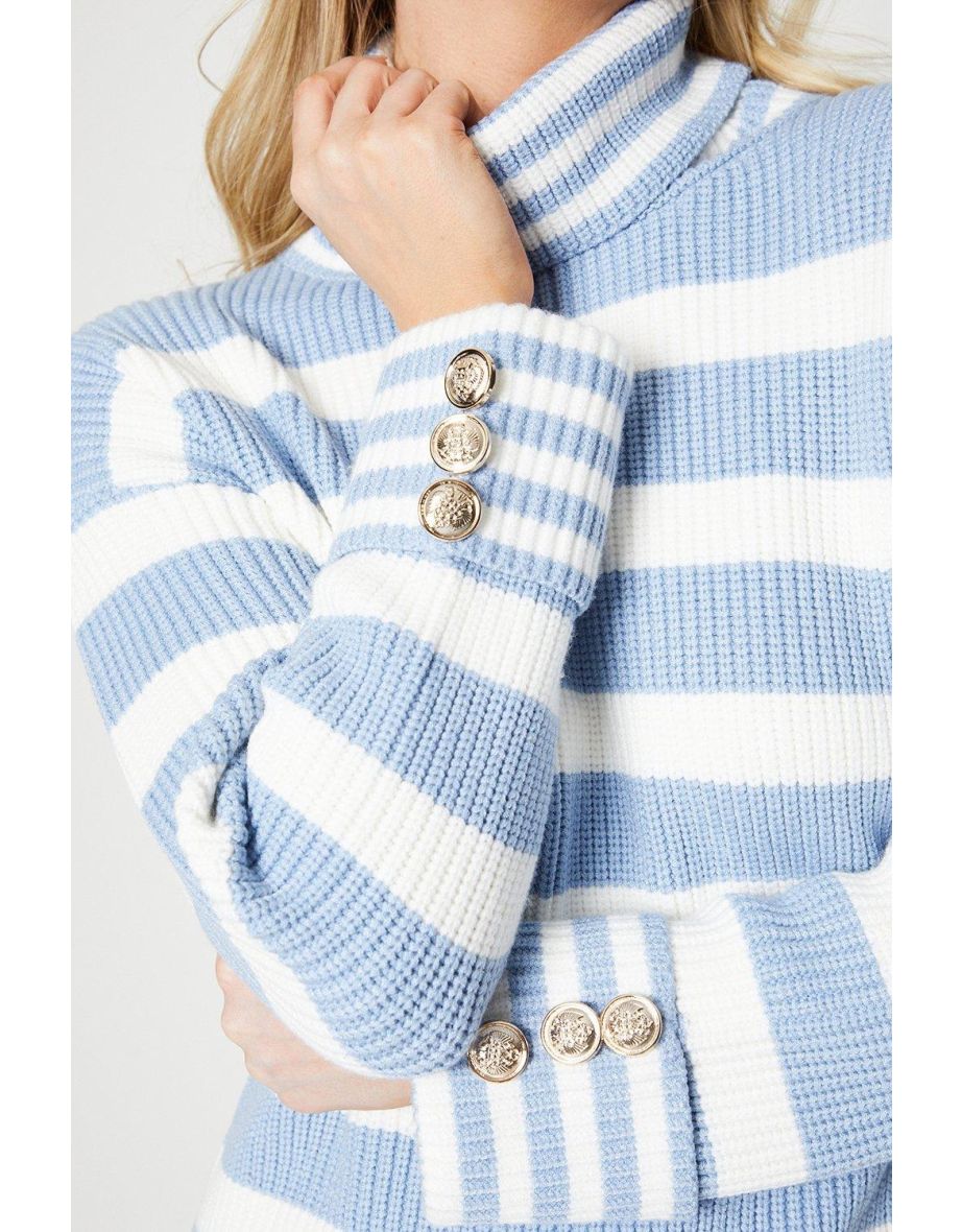 Roll Neck Stripe Jumper With Military Button Cuff - 3