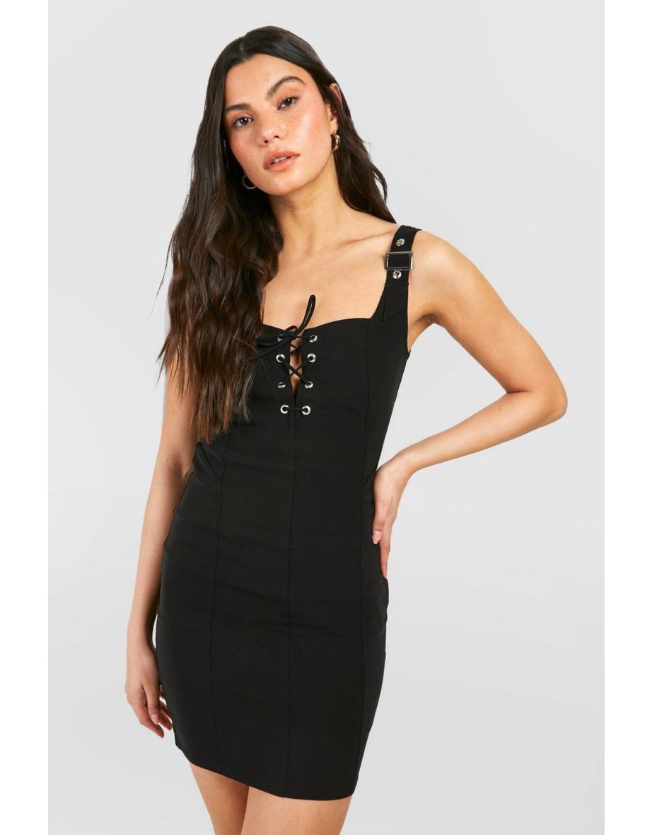 Lace Up Corset Bengaline Mini Dress - black