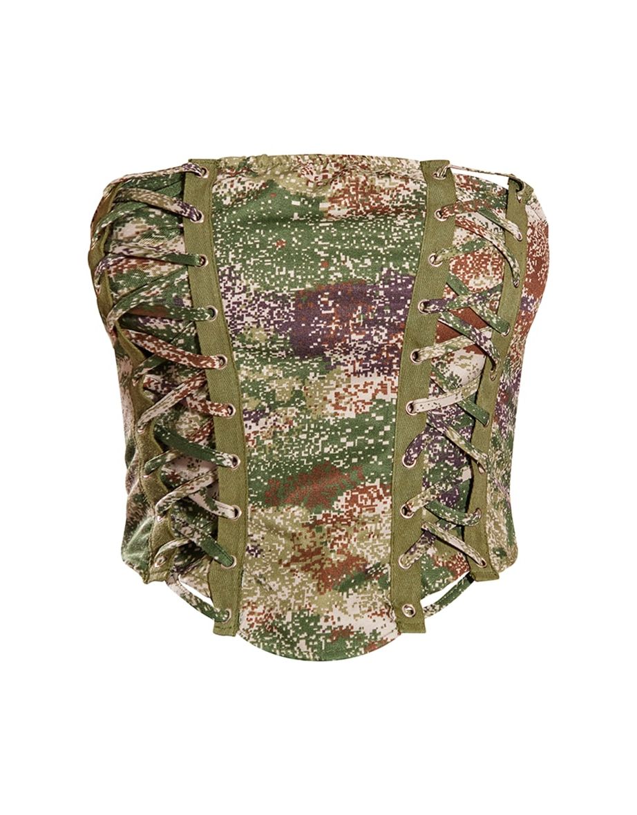 Khaki Printed Lace Up Side Bandeau Crop Top - 4