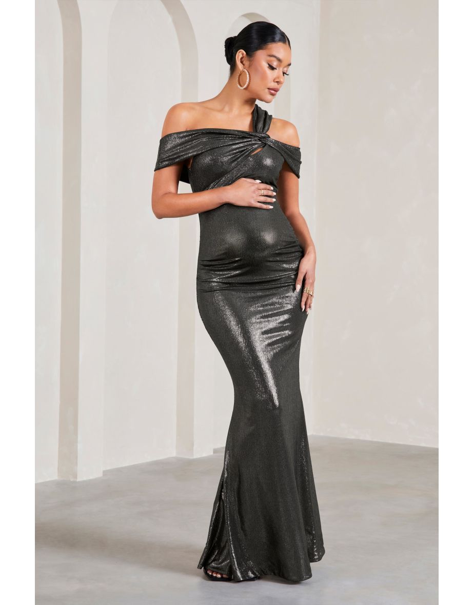 Captivating | Silver Metallic Strappy Asymmetric Cut-Out Maternity Maxi Dress - 4